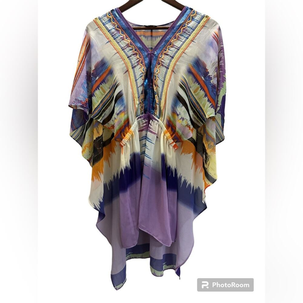Bebe Women’s V-Neck Embroidered Boho Layered Sheer Dress Size X Small